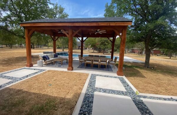 Large outdoor gazebo with sitting and eating area